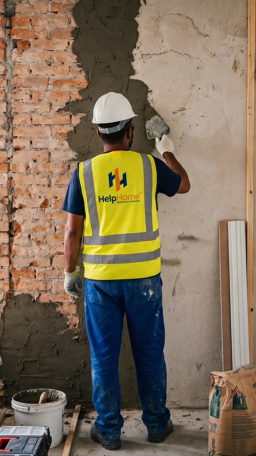 Técnico da Help Home, de capacete e colete, recompondo o reboco de uma parede